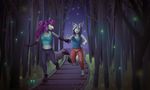  2017 anthro barefoot blue_eyes breasts canine clothed clothing digital_media_(artwork) digitigrade duo female firefly forest fur grass grey_fur hair hi_res mammal marblesoda navel night open_mouth outside paws purple_hair running shirt sky smile star syrth tank_top train_tracks tree yoga_pants 