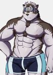  2017 anthro blush canine clothed clothing fur gawaragawa_(artist) headband horkeukamui kemono male mammal multicolored_fur muscular muscular_male solo standing swimming_trunks swimsuit tokyo_afterschool_summoners topless white_fur wolf 
