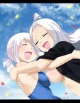  2girls artist_name breasts character_request cloud confetti eyes_closed fairy_tail gaston18 hug large_breasts multiple_girls open_mouth ponytail sky tagme tears white_hair 