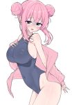  1girl absurdres blue_eyes blue_one-piece_swimsuit blush bocchi_the_rock! breasts commentary covered_navel double_bun gotoh_hitori hair_bun highres jacket large_breasts looking_at_viewer metaljelly one-piece_swimsuit open_clothes open_jacket open_mouth pink_hair pink_jacket revision school_swimsuit sidelocks simple_background swimsuit thighs track_jacket white_background 