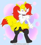  abstract_background animal_genitalia anthro balls braixen canine chest_tuft choker digitigrade flat_colors fox fully_sheathed garter hand_on_hip hi_res kurama_the_braixen looking_away male mammal mrpandragon navel nintendo pinup pok&eacute;mon pose pseudo_clothing sheath smile solo thick_thighs tuft video_games 