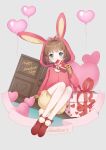  1girl animal_ear_hood animal_ears antenna_hair balloon banner bare_legs boots box box_of_chocolates brown_gloves brown_hair candy cardcaptor_sakura chocolate chocolate_bar commentary_request covered_mouth cup_(13636466299) dot_nose eyelashes fake_tail food frilled_shorts frills full_body gift gloves green_eyes grey_background hair_intakes happy_valentine heart heart_balloon heart_in_eye highres holding holding_box hood hood_up hooded_jacket jacket kinomoto_sakura kinomoto_sakura_(winter_bunny) knees light_blush long_sleeves looking_at_viewer no_socks object_to_mouth oversized_food oversized_object pink_jacket pom_pom_(clothes) puffy_shorts rabbit_ears rabbit_tail red_boots short_hair_with_long_locks shorts sidelocks sitting solo symbol_in_eye tail valentine yellow_shorts 