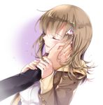  arm_holding brown_hair brown_sweater closed_eyes comforting danganronpa dress_shirt eyebrows_visible_through_hair hair_ornament hand_on_another's_arm hand_on_another's_cheek hand_on_another's_face hood hooded_sweater jond.dm long_hair nanami_chiaki out_of_frame outstretched_hand parted_lips profile shirt simple_background solo_focus super_danganronpa_2 sweater tears white_background white_shirt 