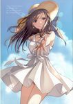  absurdres bangs bare_shoulders breasts brown_eyes brown_hair cleavage cloud day dress earrings hat highres jewelry long_hair looking_at_viewer medium_breasts morikura_en original outdoors outstretched_arm scan sky sleeveless sleeveless_dress smile solo sunlight white_dress 