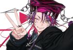  1boy 6_dee3 beanie black_jacket chain chain_necklace closed_mouth hair_between_eyes hand_up hat hat_ornament highres jacket jewelry long_sleeves male_focus multicolored_hair necklace nijisanji one_eye_closed open_clothes open_jacket pendant pink_hair pom_pom_hat_ornament purple_hair ring simple_background smile solo two-tone_hair two-tone_hat upper_body v virtual_youtuber watarai_hibari watarai_hibari_(4th_costume) white_background yellow_eyes 