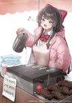  1girl :d black_hair blue_eyes blush bow braid brown_sweater coat commentary cooking fishbowl food hair_bow hair_ornament hand_in_pocket heart heart_hair_ornament highres holding holding_kettle kettle korean_text long_hair long_sleeves manyokobo musical_note open_clothes open_coat open_mouth pink_coat pouring price red_bow shirayuki_hina slice_of_life smile solo steam stellive sweater symbol-only_commentary taiyaki translation_request twitter_username virtual_youtuber wagashi water wing_collar winter_clothes winter_coat wispy_bangs 