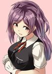  :d ahoge black_vest blouse brown_eyes buttons gloves hagikaze_(kantai_collection) highres kamelie kantai_collection long_hair one_side_up open_mouth pink_background purple_hair red_ribbon ribbon short_sleeves simple_background smile solo vest white_blouse white_gloves 