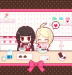  2girls :o ^_^ ahoge akamatsu_kaede black_sailor_collar blonde_hair blunt_bangs blush_stickers border bow brown_border brown_hair candy chibi chocolate chocolate_bar closed_eyes closed_mouth collared_shirt commentary_request cooking cowboy_shot danganronpa_(series) danganronpa_v3:_killing_harmony drink_carton expressionless finger_to_cheek flower food grey_bow hair_ornament hair_scrunchie hairclip happy harukawa_maki heart heart-shaped_chocolate heart-shaped_food holding holding_spatula indoors kae77p kitchen letterboxed long_hair long_sleeves looking_at_viewer low_twintails lowres measuring_cup milk_carton miniskirt mold mole mole_under_eye motion_lines multiple_girls musical_note musical_note_hair_ornament necktie orange_necktie parted_lips pink_bow pink_flower pink_vest pixel_art polka_dot_border purple_skirt red_eyes red_scrunchie red_shirt sailor_collar school_uniform scrunchie serafuku shirt skirt smile spatula speech_bubble spoken_heart standing stirring stove straight_hair twintails v-neck valentine vase very_long_hair vest white_shirt yuri 