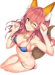  animal_ear_fluff animal_ears armpits bangs bare_shoulders beach bikini blue_bikini blush breasts cleavage collarbone commentary day eyebrows_visible_through_hair fate/extra fate/grand_order fate_(series) fox_ears fox_tail highres jewelry kawai large_breasts long_hair looking_at_viewer lying navel necklace on_back one_eye_closed pink_hair side-tie_bikini simple_background smile solo swimsuit tail tamamo_(fate)_(all) tamamo_no_mae_(fate) tamamo_no_mae_(swimsuit_lancer)_(fate) white_background yellow_eyes 
