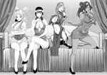  ascot bare_shoulders bed bleach breasts cleavage cross-laced crossover dress eizen10 elbow_gloves erza_scarlet fairy_tail female_only finger_to_mouth fingerless_gloves garter_straps gloves high_heels kneeling legs_crossed long_hair looking_at_viewer monochrome multiple_girls naruto nico_robin one_piece parted_lips ponytail quad_tails search search4girls shihouin_yoruichi sitting smile temari thighhighs tied_hair 