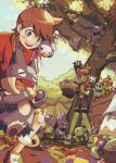  1boy 1girl =_= absurdres artist_name basket berry_(pokemon) black_gloves black_shorts blue_eyes blunt_bangs blush brown_hair cart chimchar closed_eyes commentary cranidos croagunk eating english_commentary fangs figy_berry fingerless_gloves food food_in_mouth fruit gible gloves green_eyes highres hippopotas hippopotas_(male) holding holding_basket holding_food holding_fruit holding_pokemon in_tree jaboca_berry jacket kate_(pokemon) kellyn_(pokemon) kricketot leppa_berry machop mago_berry mime_jr. misdreavus munchlax on_head on_shoulder open_mouth oran_berry orange_socks outdoors pachirisu partially_fingerless_gloves pecha_berry pinap_berry piplup pokemon pokemon_(creature) pokemon_on_head pokemon_on_shoulder pokemon_ranger:_shadows_of_almia pokemon_ranger_(series) rawst_berry red_jacket shieldon shoes short_hair short_sleeves shorts sitrus_berry smile sneasel snover socks standing starly teeth tree turtwig upper_teeth_only watermark white_shoes wiki_berry zipsunz 