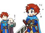  armor bald blue_eyes blush cape chibi closed_eyes cosplay durandal_(fire_emblem) eliwood_(fire_emblem) eliwood_(fire_emblem)_(cosplay) facial_hair father_and_son fire_emblem fire_emblem:_fuuin_no_tsurugi fire_emblem:_rekka_no_ken fire_emblem_heroes headband holding holding_weapon male_focus merlinus_(fire_emblem) multiple_boys mustache red_hair roy_(fire_emblem) short_hair smile sword weapon white_background 