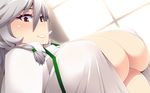  braid breasts commentary_request covered_nipples dutch_angle hayashi_custom indoors izayoi_sakuya large_breasts looking_at_viewer no_bra open_clothes open_shirt red_eyes shirt silver_hair smile solo touhou upper_body white_shirt window 