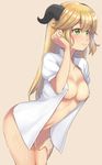  aletta alternate_hair_length alternate_hairstyle areolae beige_background blonde_hair blush breasts closed_mouth collarbone cowboy_shot eyebrows_visible_through_hair from_side green_eyes hair_between_eyes hair_tucking hand_on_own_thigh highres horns isekai_shokudou medium_breasts naked_shirt navel open_clothes open_shirt piano-alice puffy_short_sleeves puffy_sleeves shirt short_sleeves simple_background solo white_shirt 