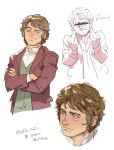 1boy bar_censor bilbo_baggins blue_eyes brown_hair censored closed_mouth cocked_eyebrow collared_shirt commentary_request crossed_arms double_middle_finger furrowed_brow green_vest halfling jacket male_focus mature_male middle_finger multiple_views parted_lips profanity red_jacket shirt smile solo suit_jacket the_hobbit tolkien's_legendarium upper_body vest vp4xaalocg waistcoat white_background white_shirt 