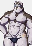  2017 anthro blush canine clothed clothing fur gawaragawa_(artist) headband horkeukamui kemono looking_at_viewer male mammal multicolored_fur muscular muscular_male nipples skimpy solo standing thong tokyo_afterschool_summoners topless underwear white_fur wolf 