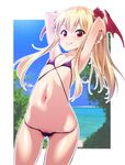  ass_visible_through_thighs bikini blonde_hair breasts cameltoe covered_nipples fang granblue_fantasy head_wings long_hair looking_at_viewer micro_bikini navel red_eyes small_breasts solo swimsuit tomomimi_shimon vampy 