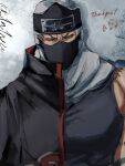  1n1nu 2boys akatsuki_uniform colored_sclera commentary_request doodle_inset forehead_protector green_eyes half-coat hidan_(naruto) highres kakuzu_(naruto) looking_at_viewer male_focus mask mouth_mask multiple_boys naruto_(series) naruto_shippuuden red_sclera stitches takigakure_symbol thank_you twitter_username upper_body 