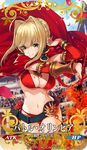  battle_olympia belt bikini braid breasts cape detached_sleeves fate/grand_order fate_(series) french_braid green_eyes imigimuru large_breasts long_hair looking_at_viewer nero_claudius_(fate) nero_claudius_(fate)_(all) official_art red_bikini smile swimsuit sword thighhighs weapon 