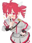  1girl :d ahoge blush bow buttons colored_eyelashes cowboy_shot double-parted_bangs drill_hair finger_to_own_chin from_above grey_jacket grey_skirt hair_between_eyes hair_bow hand_on_own_hip hand_up hashtag-only_commentary highres index_finger_raised jacket kasane_teto kasane_teto_(sv) komori_kamome layered_sleeves leaning_forward long_sleeves looking_at_viewer lower_teeth_only miniskirt musical_staff musical_staff_print open_mouth petticoat pleated_skirt red_eyes red_hair red_trim short_hair short_over_long_sleeves short_sleeves shoulder_belt shoulder_boards simple_background skirt sleeve_cuffs smile solo sparkle standing synthesizer_v teeth tongue turtleneck turtleneck_jacket twin_drills utau v-shaped_eyebrows white_background white_bow 
