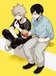  bakugou_katsuki black_hair black_pants black_shirt boku_no_hero_academia collared_shirt eating food french_fries full_body glasses iida_tenya male_focus maneki-neko_(fujifuji) multiple_boys pants shirt shoes short_sleeves silver_hair simple_background sitting spiked_hair yellow_background 