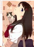  absurdres animal bag bangs black_hair blue_eyes caidychen cat chocolate food hair_ornament hairclip highres long_hair looking_at_viewer open_mouth original sailor_collar scan school_bag school_uniform short_sleeves simple_background upper_body 