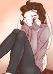  alasou anthro blush brown_hair clothed clothing eyes_closed hair lagomorph mammal rabbit simple_background sitting smile solo 