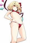  :o amisu arm_at_side bangs bare_arms bare_legs bikini blonde_hair breasts flandre_scarlet from_below hair_ribbon looking_at_viewer navel red_bikini red_eyes red_ribbon ribbon simple_background small_breasts solo stomach swimsuit touhou white_background wings 