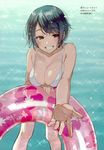  absurdres bangs bare_arms bare_legs bare_shoulders bikini black_hair blush breasts brown_eyes cleavage collarbone day eyebrows_visible_through_hair highres innertube looking_at_viewer medium_breasts morikura_en original outdoors outstretched_arm reaching_out scan see-through shiny short_hair smile swimsuit water 