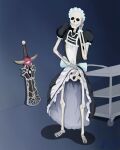4:5 absurd_res alexandermugetsu animate_inanimate animated_skeleton anthro bone bow_ribbon clothed clothing clothing_lift dress dress_lift female food_cart hi_res ibonne_(level_1_demon_lord) levarius_(level_1_demon_lord) level_1_demon_lord living_weapon maid_headdress maid_uniform melee_weapon pelvis simple_background skeleton solo standing sword undead uniform weapon