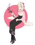  1girl absurdres ahoge akamatsu_kaede alternate_costume black_boots black_hakama blonde_hair boots bow branch breasts bud cherry_blossom_print cherry_blossoms circle closed_mouth commentary_request danganronpa_(series) danganronpa_v3:_killing_harmony floral_print flower full_body hair_bow hair_ornament hairclip hakama hakama_skirt happy high_heel_boots high_heels highres holding holding_branch invisible_chair japanese_clothes kimono kuku_(kk_org) lace-up_boots large_breasts light_blush long_hair looking_ahead male_focus musical_note musical_note_hair_ornament pink_background pink_bow pink_eyes pink_kimono print_hakama print_kimono short_kimono sidelocks signature sitting skirt smile solo two-tone_background white_background white_flower wide_sleeves 