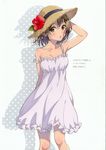  absurdres arm_up armpits bangs bare_shoulders breasts brown_eyes brown_hair collarbone dress flower hat hibiscus highres looking_at_viewer medium_breasts morikura_en off_shoulder original parted_lips scan shadow short_hair simple_background solo strap_slip straw_hat sundress white_background white_dress 