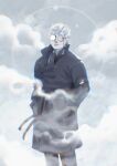  1boy blackberreh-art blush cloud coat colored_skin design_speculation dimple fog freckles glasses highres lips male_focus martin_blackwood necktie nose shirt short_hair solo the_magnus_archives trench_coat very_short_hair white_hair white_skin 