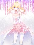  blonde_hair blue_eyes breasts dress elbow_gloves flower garter_straps gloves rose smile twintails wedding_dress wedding_veil white_legwear 