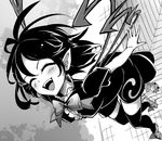  asymmetrical_wings bare_arms bow dress fangs fifiruu futatsuiwa_mamizou greyscale houjuu_nue monochrome multiple_girls open_mouth outdoors pointy_ears shoe_bow shoes short_dress short_sleeves smile solo_focus thighhighs touhou wings 