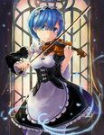  apron black_ribbon black_skirt blue_eyes blue_hair breasts choker cleavage cowboy_shot detached_sleeves flower frilled_skirt frills hair_between_eyes hair_flower hair_ornament head_wreath highres holding holding_instrument instrument kuroa_(kuroan) looking_at_viewer maid medium_breasts music neck_ribbon playing_instrument re:zero_kara_hajimeru_isekai_seikatsu rem_(re:zero) ribbon short_hair skirt smile solo standing violin white_apron white_flower white_legwear 