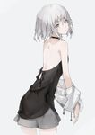  backless_dress backless_outfit bare_shoulders black_dress cowboy_shot drawstring dress from_behind grey_background grey_eyes grey_hair hair_between_eyes halterneck jpeg_artifacts kakuchou_shoujo-kei_trinary looking_at_viewer looking_back neco pale_skin parted_lips short_hair simple_background sketch solo standing sumeragi_chiharu undressing 