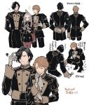  1girl 2boys black_hair book capelet closed_eyes closed_mouth couple crossed_arms edelgard_von_hresvelg ferdinand_von_aegir fire_emblem fire_emblem:_three_houses from_behind from_side garreg_mach_monastery_uniform gloves grass hair_ribbon height_difference highres holding holding_book hubert_von_vestra long_hair long_sleeves looking_to_the_side multiple_boys open_book open_mouth orange_hair pantyhose parted_lips purple_eyes purple_ribbon red_capelet red_pantyhose ribbon rn_(kicakabe) squatting squiggle sweatdrop translation_request upper_body weeds white_background white_gloves white_hair yaoi 