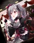  anaroguya clothes_hanger dress drill_hair dutch_angle fingerless_gloves gloves gothic_lolita hat highres idolmaster idolmaster_cinderella_girls kanzaki_ranko lolita_fashion long_hair open_mouth red_eyes silver_hair smile solo twin_drills 