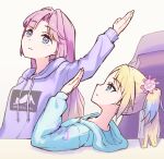  2girls animal_print anyoji_hime anyoji_hime_(winter_loungewear) arm_up blonde_hair blue_eyes blue_hair blue_hoodie cat_print clothes_writing commentary curtained_hair flower gradient_hair hair_flower hair_ornament highres hood hood_down hoodie lao_ren_xing light_frown link!_like!_love_live! long_hair love_live! mira-cra_park! multicolored_hair multiple_girls osawa_rurino osawa_rurino_(winter_loungewear) parted_bangs pink_flower pink_hair print_hoodie profile purple_hoodie sidelocks twintails virtual_youtuber 