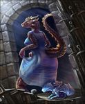  2017 anthro blue_scales brown_scales castle chair clothing daenerys_targaryen detailed_background digital_media_(artwork) dragon dress duo female feral game_of_thrones hida invalid_tag larger_female male male/female membranous_wings red-izak scales scalie size_difference smaller_male throne western_dragon wings 