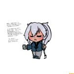  1girl alternate_costume chibi chibi_only closed_eyes commentary_request cup dark-skinned_female dark_skin glasses grey_pants highres japanese_clothes jinbei_(clothes) kantai_collection musashi_(kancolle) pants radical_bullet simple_background slippers solo translation_request twintails white_background yunomi 