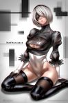  artist_name black_legwear blindfold breasts cameltoe cleavage cleavage_cutout copyright_name covered_navel feather-trimmed_sleeves highleg highleg_leotard highres large_breasts leotard mole mole_under_mouth nier_(series) nier_automata parted_lips sgk silver_hair sitting solo thighhighs wariza yorha_no._2_type_b 
