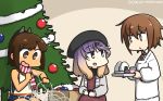  3girls beret black_hat brown_eyes brown_hair christmas_lights christmas_tree commentary_request dated dress feet_out_of_frame food gradient_hair grey_jacket hair_ornament hairclip hamu_koutarou hat highres i-401_(kantai_collection) jacket kantai_collection kappougi medium_hair multicolored_hair multiple_girls necktie one-piece_swimsuit onigiri orange_hair orange_sailor_collar plaid plaid_dress ponytail purple_eyes purple_hair red_neckwear sailor_collar scarf school_swimsuit short_hair short_ponytail sidelocks sitting striped striped_scarf swimsuit swimsuit_under_clothes tsushima_(kantai_collection) wakaba_(kantai_collection) 