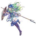  armor belt blue_armor blue_eyes blue_footwear blue_legwear boots breastplate commentary_request detached_sleeves fire_emblem fire_emblem:_souen_no_kiseki fire_emblem_heroes full_body green_hair haccan helmet holding holding_weapon knee_boots leg_up long_hair looking_at_viewer nephenee official_art polearm shield skirt solo spear thighhighs transparent_background weapon 
