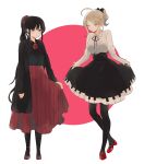  2girls ^_^ ahoge akamatsu_kaede alternate_costume annoyed ascot black_ascot black_bow black_coat black_hair black_pantyhose black_ribbon black_shirt black_skirt blonde_hair blunt_bangs bow breasts bright_pupils brooch buttons center_frills circle closed_eyes closed_mouth coat collared_coat collared_shirt curtsey danganronpa_(series) danganronpa_v3:_killing_harmony dot_nose double-parted_bangs downturned_eyes dress_shirt eyelashes flats flower flower_brooch frilled_sleeves frills frown full_body hair_bow hair_ornament hair_scrunchie happy harukawa_maki high-waist_skirt high_heels jewelry lapels large_breasts light_blush long_hair long_skirt long_sleeves looking_at_self mary_janes medium_skirt mole mole_under_eye mong_0_0 multiple_girls neck_ribbon open_clothes open_coat pantyhose peaked_lapels piano_print pink_background pleated_skirt ponytail print_skirt pumps red_eyes red_flower red_rose red_scrunchie red_shoes red_skirt ribbon rose scrunchie shirt shoes short_hair short_ponytail sidelocks skirt skirt_hold sleeves_past_wrists smile standing striped_clothes striped_skirt sweatdrop third-party_source two-tone_background unmoving_pattern vertical-striped_clothes vertical-striped_skirt very_long_hair wavy_hair white_background white_pupils white_shirt 