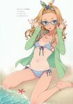  absurdres adjusting_eyewear anklet barefoot bikini blonde_hair blue_eyes borrowed_character breasts collarbone dekomegane eyewear_strap forehead glasses hairband highres jewelry long_hair looking_at_viewer morikura_en navel one-piece_tan open_clothes open_shirt original scan seashell shell shirt simple_background sitting sleeves_past_wrists small_breasts starfish striped striped_bikini swimsuit tan tanline thick_eyebrows tongue tongue_out water white_background 