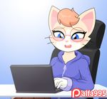  2017 5_fingers alfa995 animated anthro biting_lip blue_eyes blush breasts cat chair clothed clothing computer doe_(alfa995) duo eyebrows eyelashes eyewear feline female fur glasses hair laptop mammal moan open_mouth oral queen_(alfa995) simple_background sitting sweater under_table whiskers 