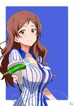  absurdres artist_name barcode_scanner blush breasts brown_eyes brown_hair cleavage employee_uniform highres idolmaster idolmaster_million_live! j.roswel kitazawa_shiho large_breasts lawson long_hair looking_at_viewer shirt signature sketch smile solo striped striped_shirt uniform vertical-striped_shirt vertical_stripes 
