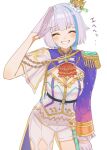  1girl ^_^ aiguillette arm_up ascot asymmetrical_clothes blue_hair blush breasts capelet chain chibi chibi_inset cleavage closed_eyes commentary_request cosplay cowboy_shot crown doidamon epaulettes facing_viewer frilled_sleeves frills fur-trimmed_crown furen_e_lustario furen_e_lustario_(3rd_costume) furen_e_lustario_(cosplay) gloves gold_chain gold_trim grin half_gloves highres lize_helesta long_sleeves medium_breasts medium_hair mini_crown multicolored_hair nijisanji pants purple_shrug raised_inner_eyebrows red_ascot salute shirt shrug_(clothing) side_capelet simple_background single_epaulette single_pantsleg single_sleeve smile solo streaked_hair translation_request two-tone_hair virtual_youtuber white_background white_capelet white_gloves white_hair white_pants white_shirt wolf_cut 